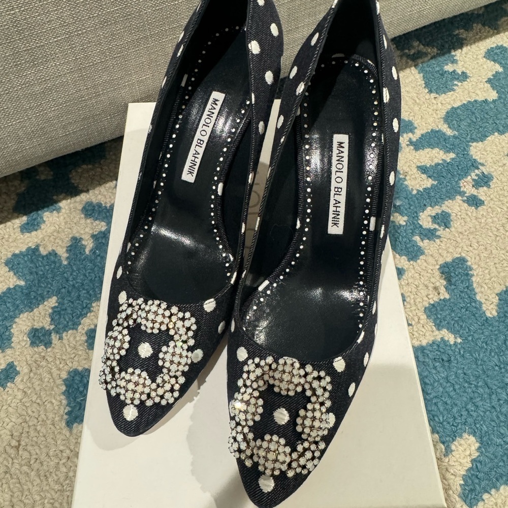 Manolo Blahnik Black and White Polka Dot Heels 70mm Jacquard Jeans Blk